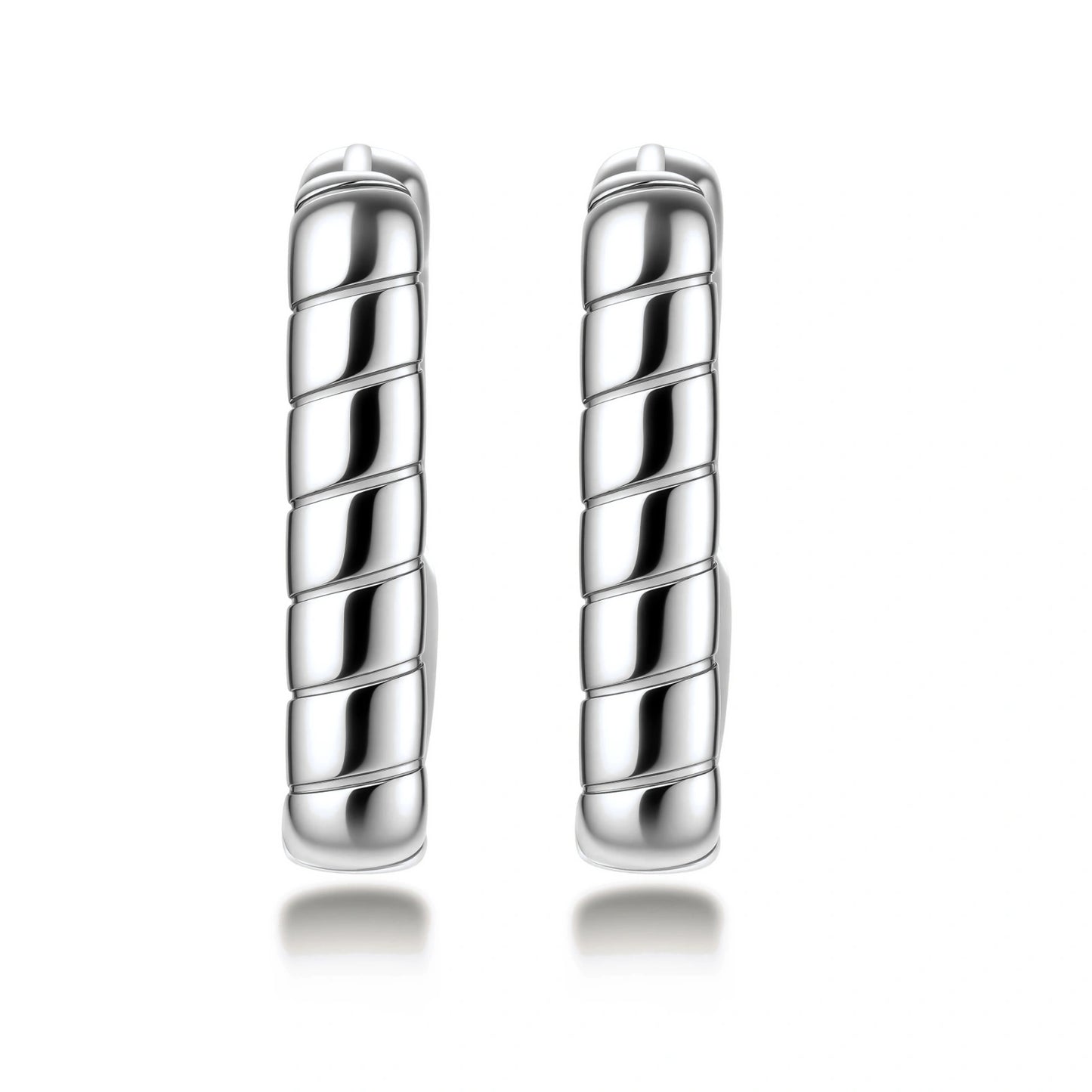 Close-up of platinum-plated sterling silver hoop earrings with horizontal textured grooves on white background.