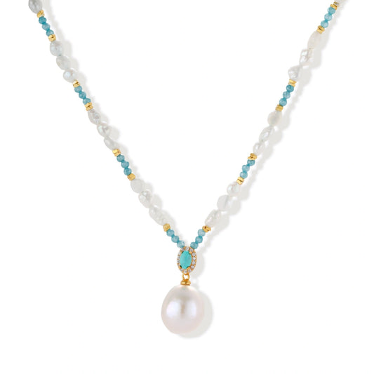 Beaded necklace with baroque pearls, turquoise stones, and gold accents featuring a large pearl pendant on white background.