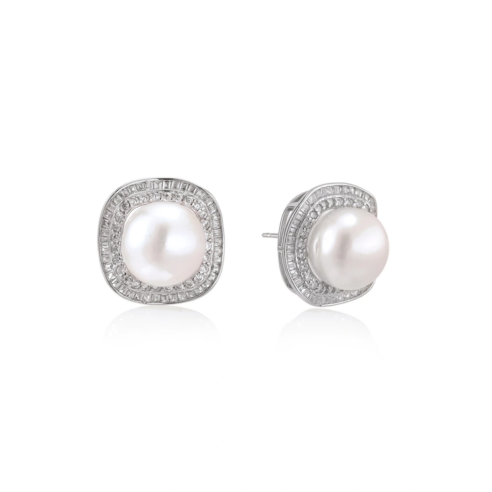 Rhodium-plated sterling silver stud earrings with round freshwater pearls surrounded by geometric crystal halos on cream background.