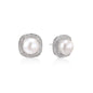 Rhodium-plated sterling silver stud earrings with round freshwater pearls surrounded by geometric crystal halos on cream background.