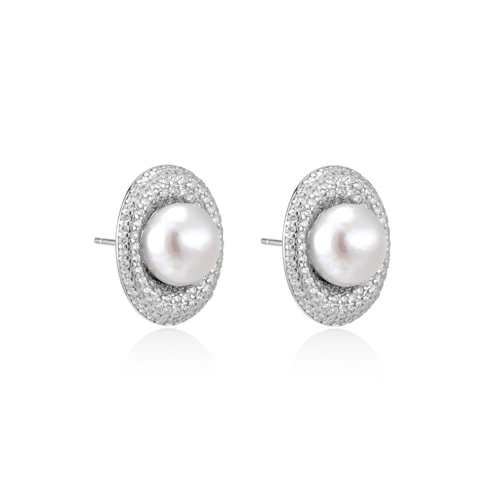 Elegant stud earrings with cream freshwater pearls surrounded by sparkly pavé crystals on rhodium-plated silver setting