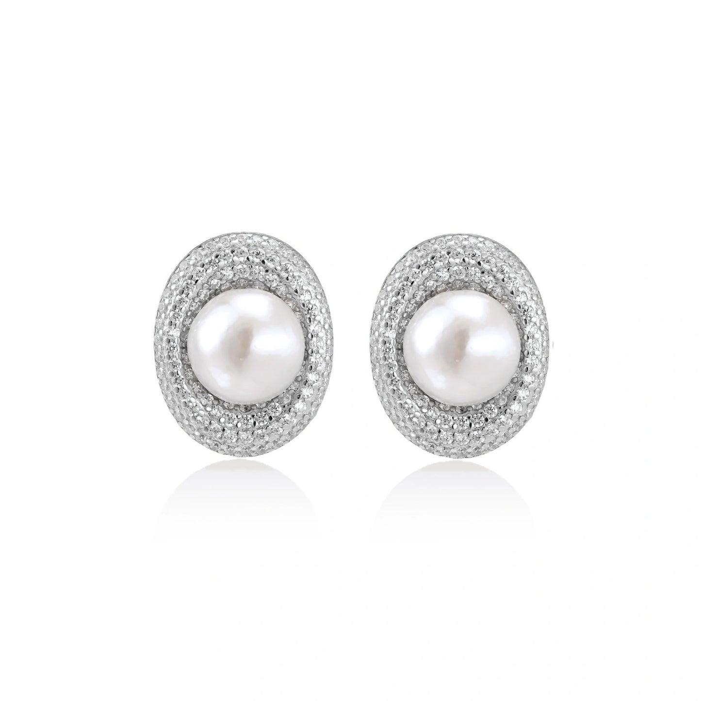 Elegant stud earrings with cream freshwater pearls surrounded by sparkly pavé crystals on rhodium-plated silver setting