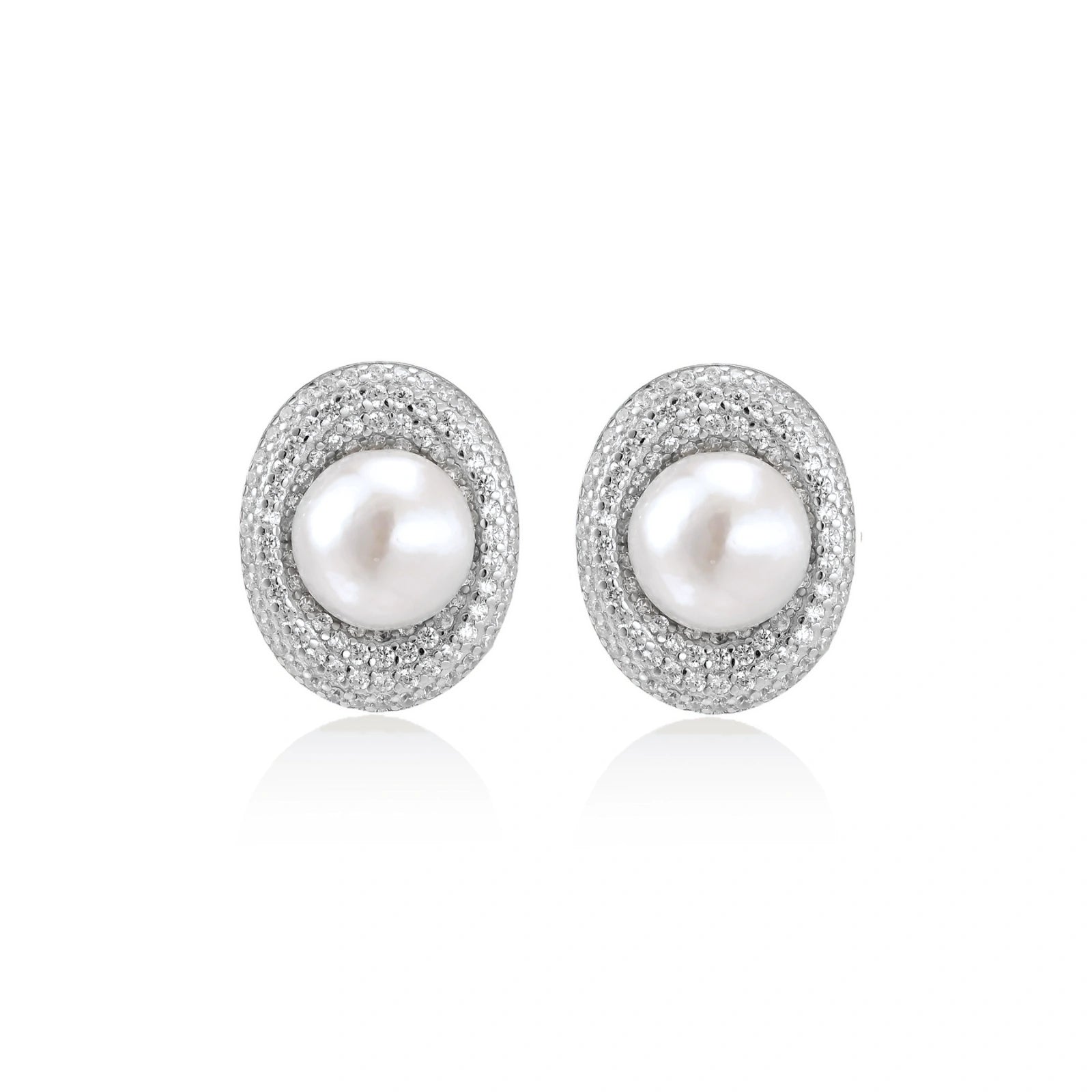 Elegant stud earrings with cream freshwater pearls surrounded by sparkly pavé crystals on rhodium-plated silver setting
