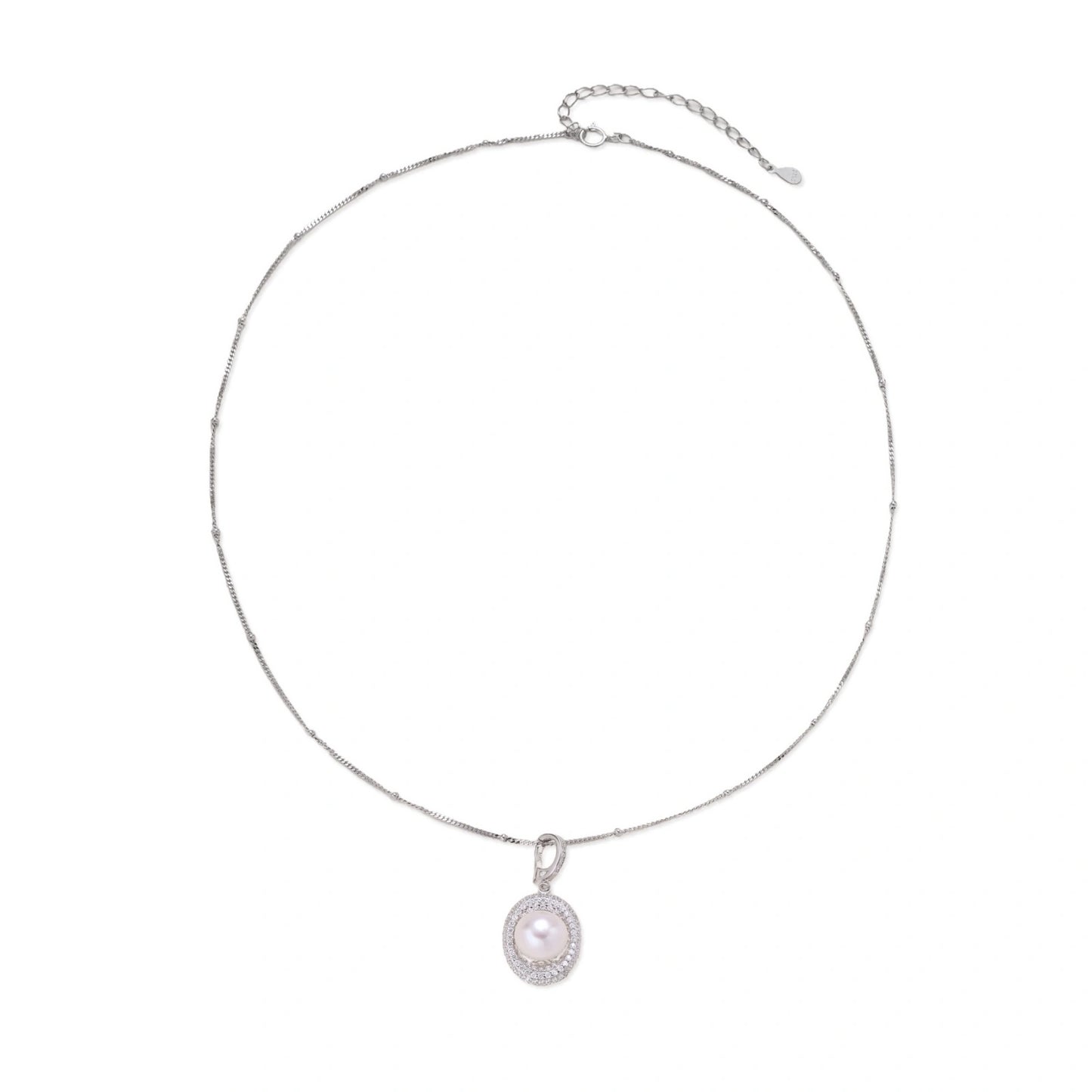 Oval sterling silver pendant with crystal halo surrounding a white freshwater pearl on delicate chain