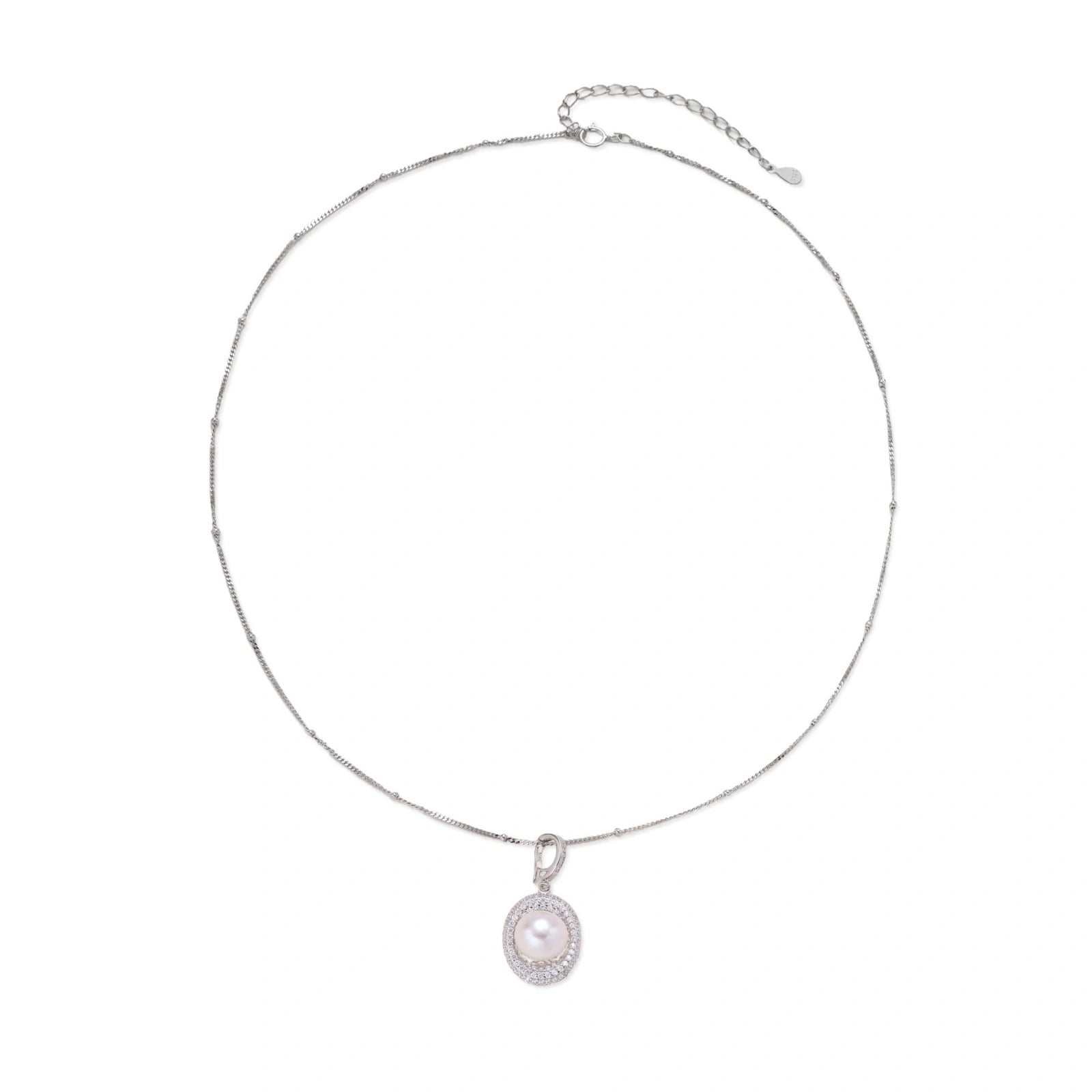 Oval sterling silver pendant with crystal halo surrounding a white freshwater pearl on delicate chain