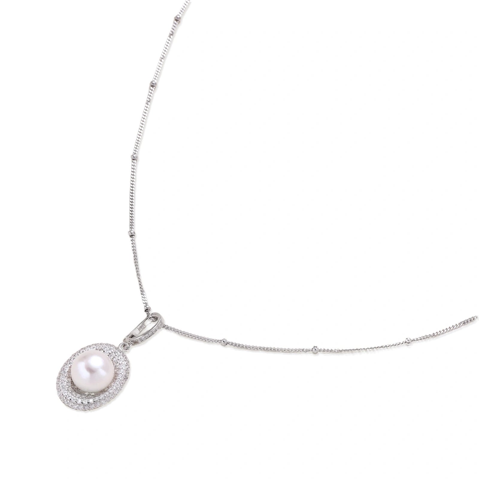 Oval sterling silver pendant with crystal halo surrounding a white freshwater pearl on delicate chain