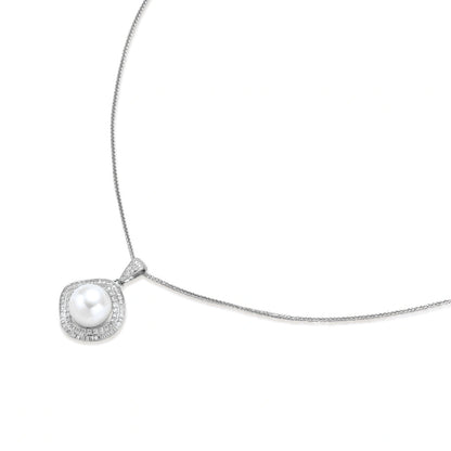 Cushion-shaped double halo pendant with 10mm freshwater pearl center on rhodium-plated sterling silver chain