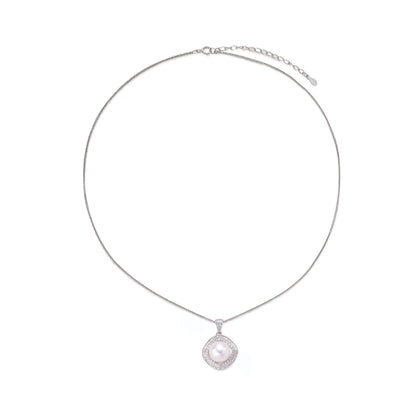 Cushion-shaped double halo pendant with 10mm freshwater pearl center on rhodium-plated sterling silver chain