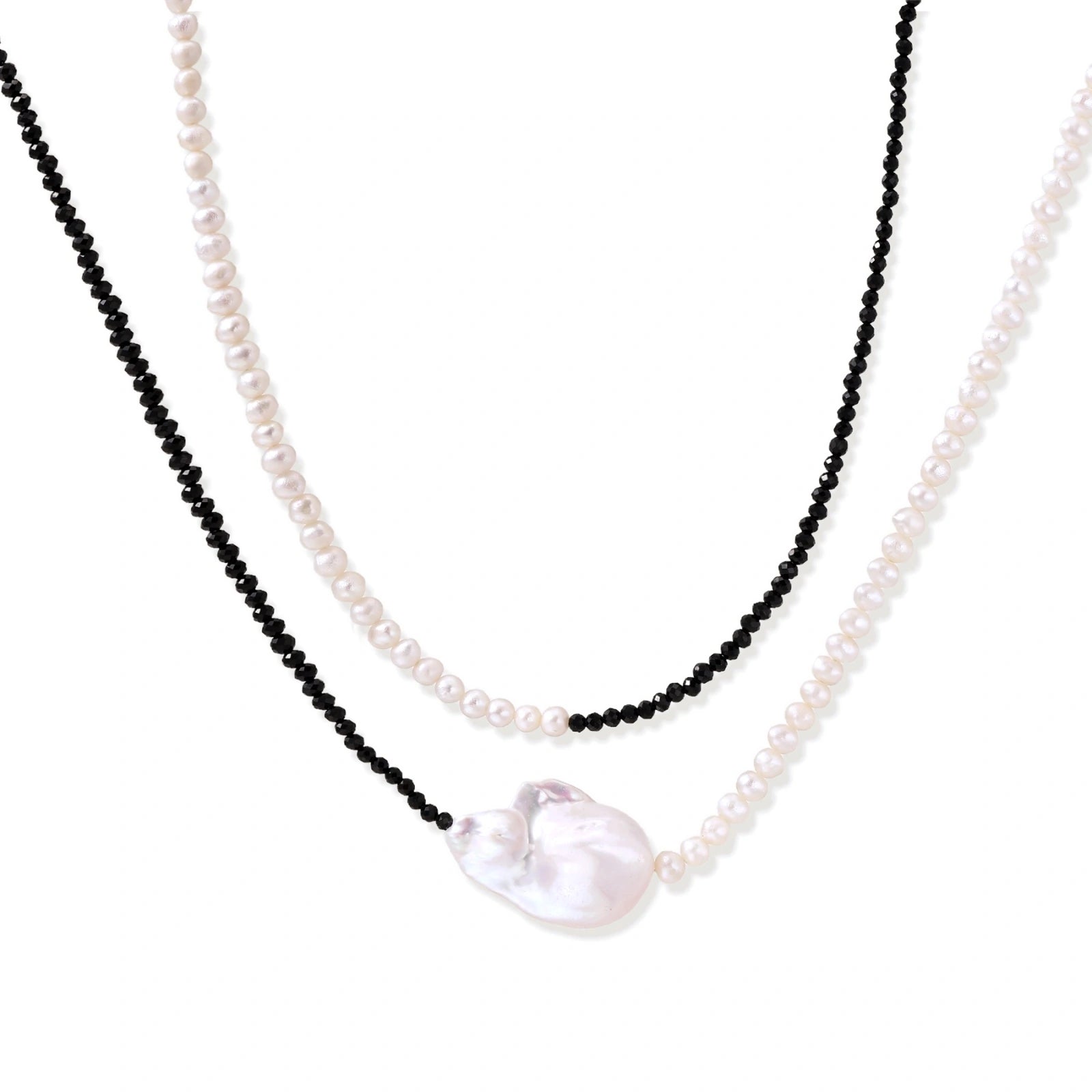 Double-strand necklace with black faceted quartz and white pearls featuring an oversized baroque pearl centerpiece