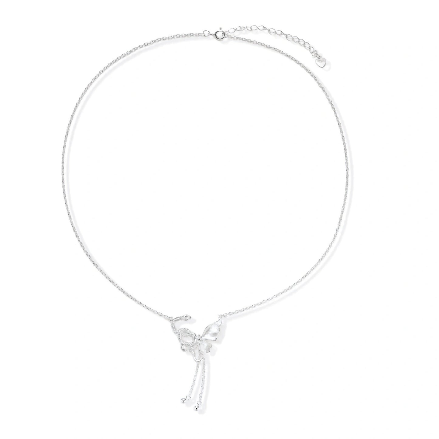 Sterling silver butterfly pendant with textured wing detail on adjustable Y-chain with ball drop ends