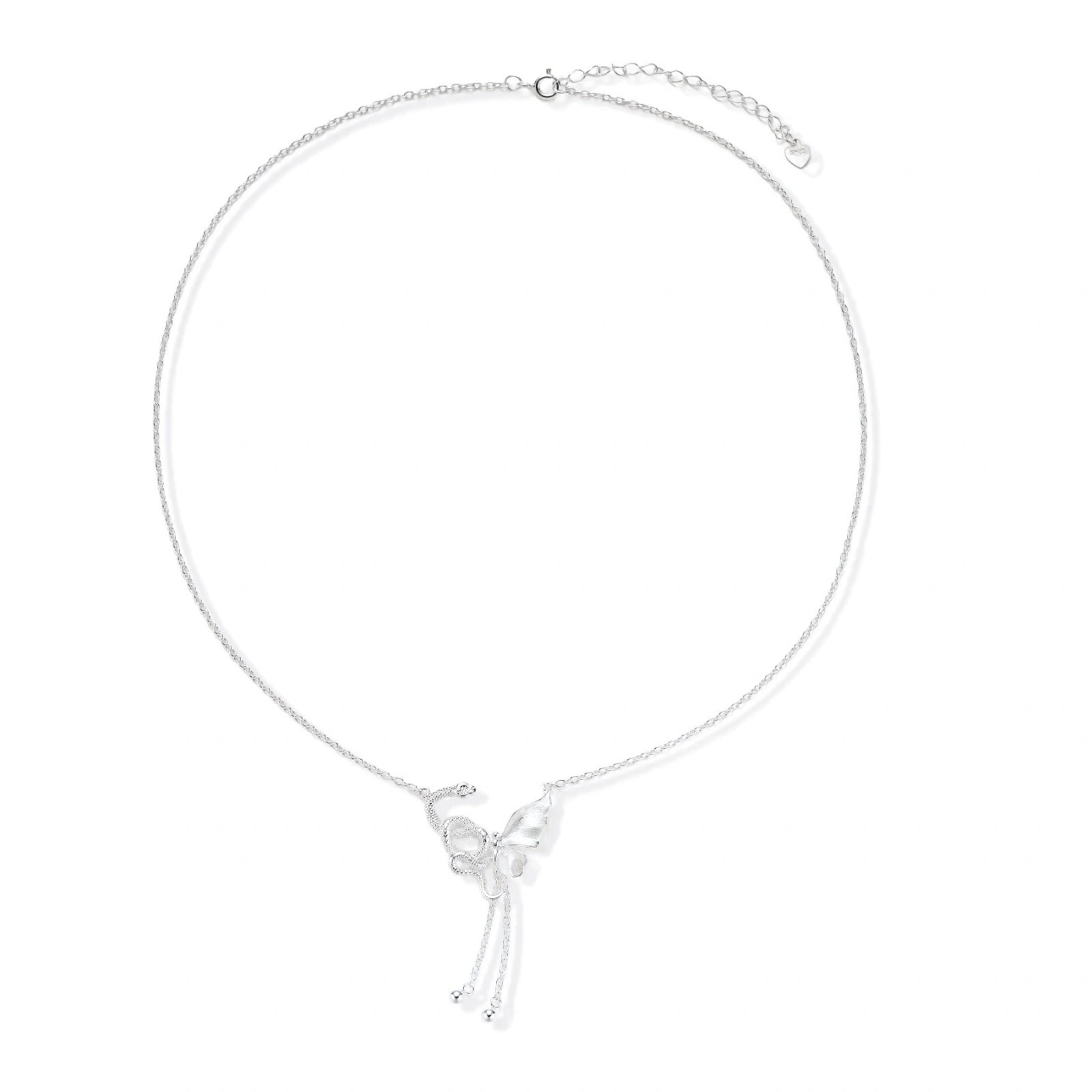Sterling silver butterfly pendant with textured wing detail on adjustable Y-chain with ball drop ends