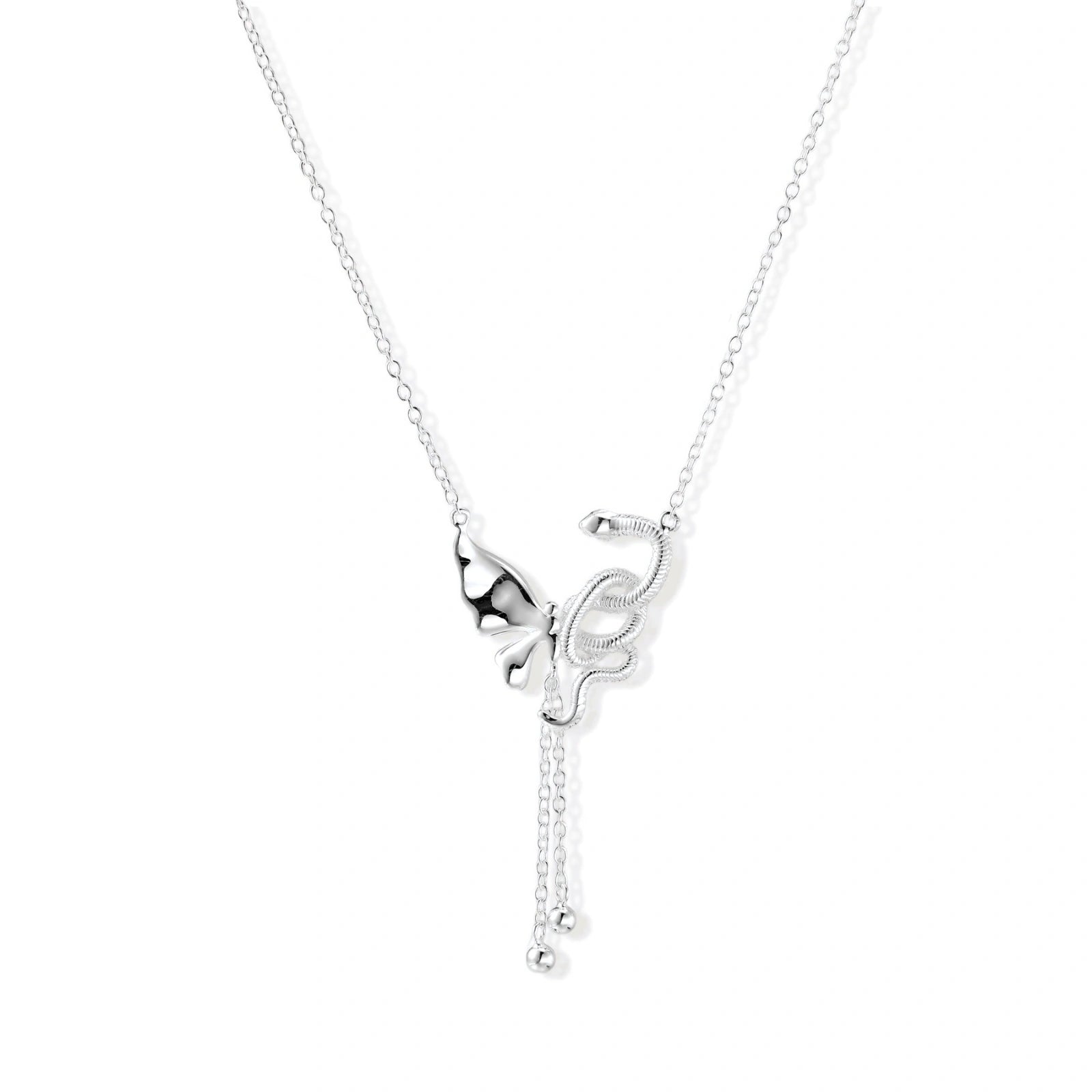 Sterling silver butterfly pendant with textured wing detail on adjustable Y-chain with ball drop ends