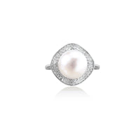 Rhodium-plated silver ring with round pearl center, double halo of baguette and round crystals forming cushion shape