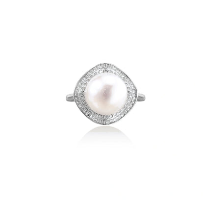 Rhodium-plated silver ring with round pearl center, double halo of baguette and round crystals forming cushion shape