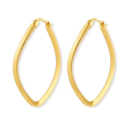 Set of geometric gold-plated sterling silver hoop earrings in oval and cushion shapes on cream background