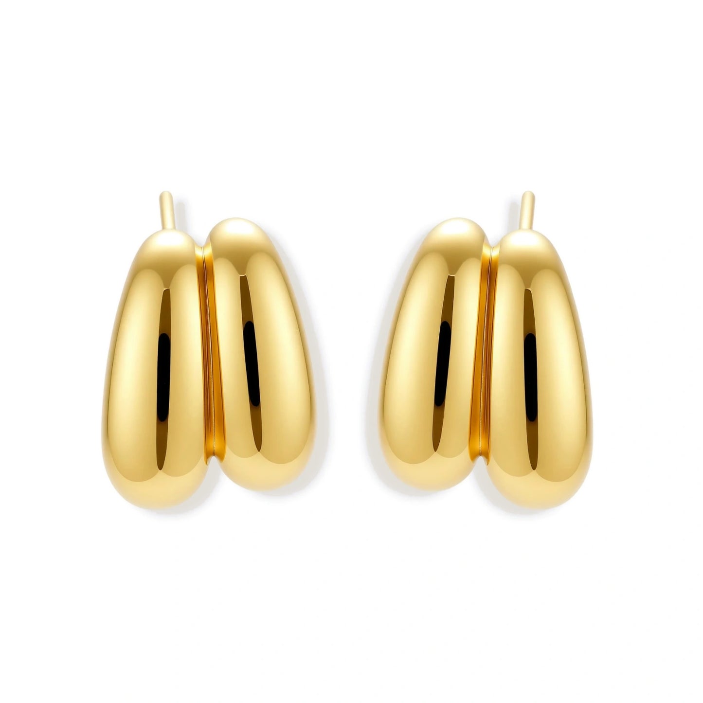Chunky 18K gold-plated sterling silver hoop earrings with flowing sculptural curves on white background.