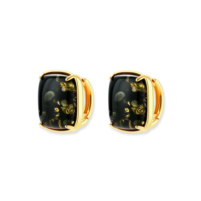 Elegant cushion-cut green amber earrings with golden inclusions in 18K gold-plated sterling silver settings.
