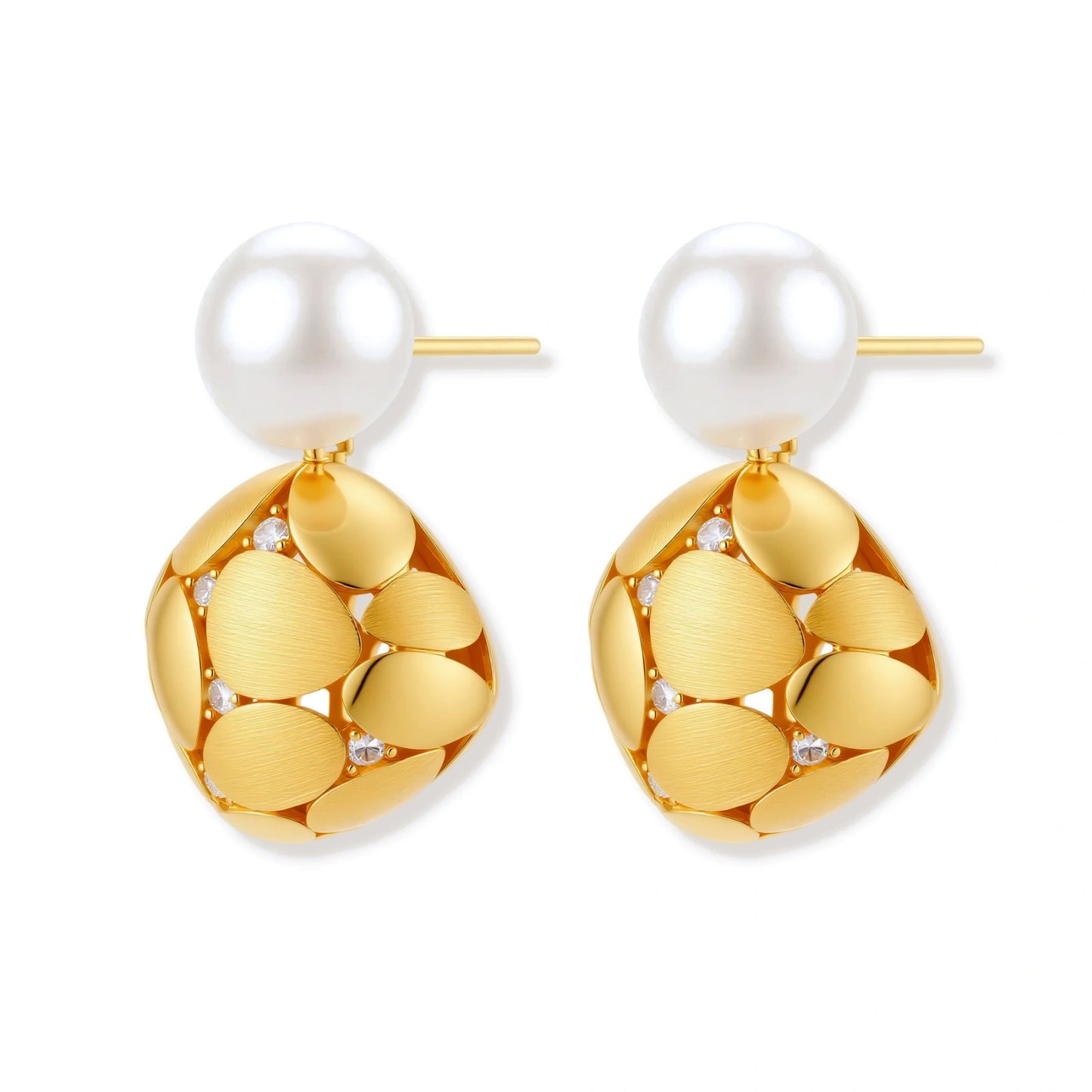 Gold-plated sterling silver drop earrings with white freshwater pearl studs and overlapping petal design with crystal accents
