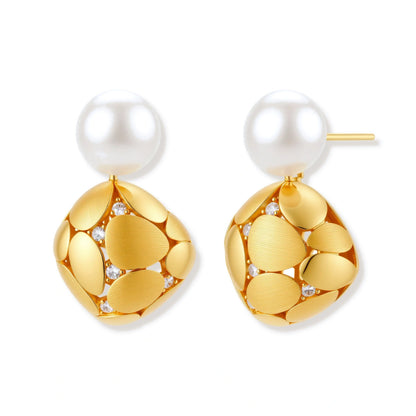 Gold-plated sterling silver drop earrings with white freshwater pearl studs and overlapping petal design with crystal accents