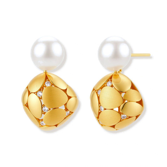 Gold-plated sterling silver drop earrings with white freshwater pearl studs and overlapping petal design with crystal accents