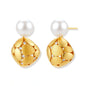Gold-plated sterling silver drop earrings with white freshwater pearl studs and overlapping petal design with crystal accents