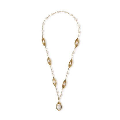 14K gold plated necklace with organic leaf motifs and freshwater pearls arranged in an elegant chain design on neutral background.
