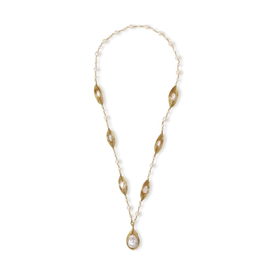 14K gold plated necklace with organic leaf motifs and freshwater pearls arranged in an elegant chain design on neutral background.