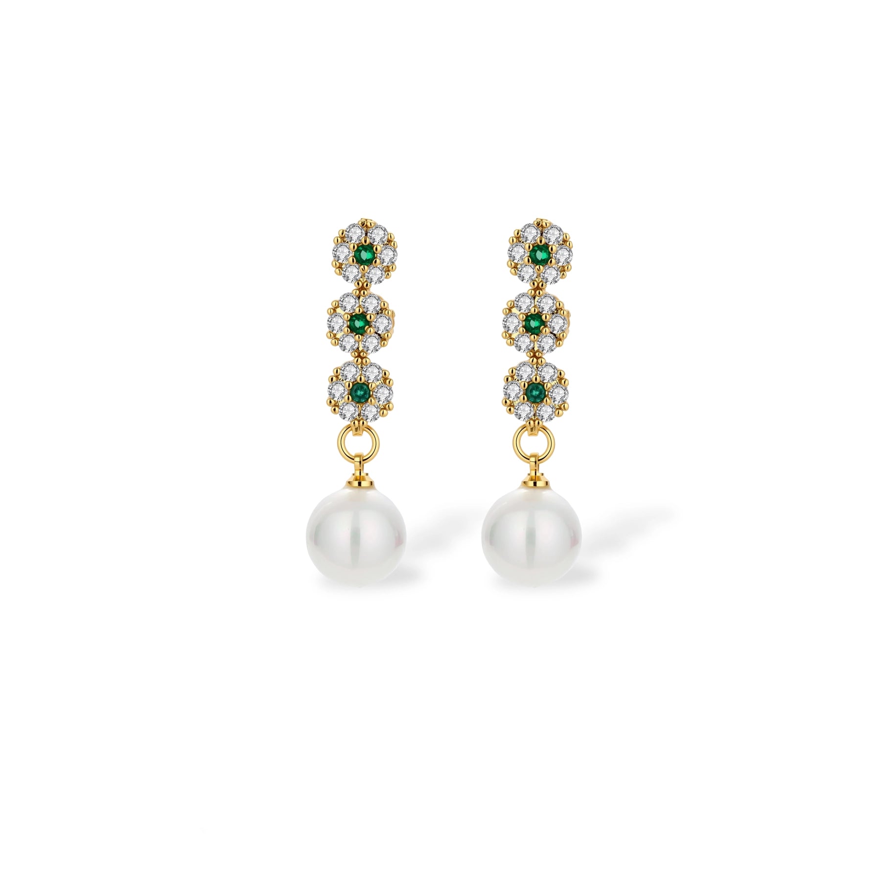 Gold-plated jewelry set with green cubic zirconia floral motifs, featuring matching necklace and pearl drop earrings
