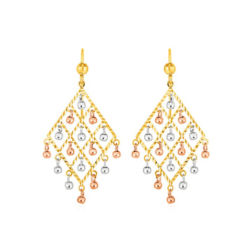 Textured Chandelier Earrings with Ball Drops in 14k Tri Color Gold