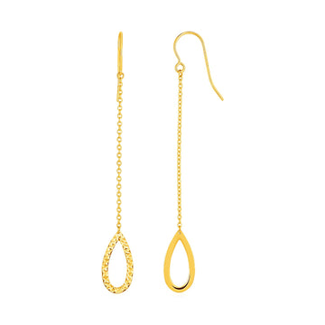 Textured Pear Shaped Long Drop Earrings in 14k Yellow Gold